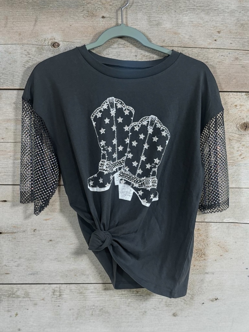 Women’s dark grey Short Sleeve Cowboy Boot Graphic Tee with rhinestones